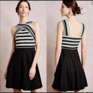 Maeve Anthropologie Dress Black White Bandage Skater Fit and Flare Pockets sz 00